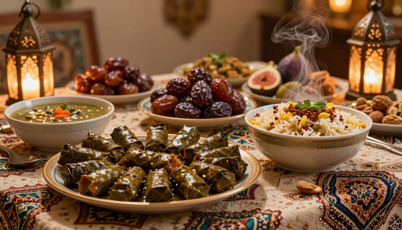A beautifully arranged Egyptian Ramadan table featuring traditional dishes. In the foreground, a large platter of stuffed grape leaves glistens under warm, golden light. Beside it, bowls of lentil soup and spiced rice are presented, aromatic steam rising from them. In the middle ground, there are colorful plates of fresh dates, figs, and nuts, arranged artfully with intricate Islamic patterns on the tablecloth. The background showcases softly glowing lanterns and decorative Ramadan ornaments, enhancing the festive atmosphere. The scene is illuminated by soft, ambient lighting, creating a warm and inviting mood, perfect for a family gathering. Capture the richness of these beloved dishes, reflecting the essence of Egyptian culture during Ramadan.