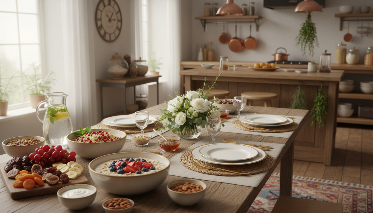 A beautifully arranged healthy suhoor meal for families, showcasing a variety of nutritious foods. In the foreground, a colorful spread includes whole grains like oats and quinoa, fresh fruits such as dates, bananas, and berries, alongside yogurt and nuts. The middle of the image features a stylish table setting with elegant plates and cutlery, creating a warm and inviting atmosphere. In the background, a softly lit kitchen reveals cooking utensils and herbs, emphasizing a homey feel. The lighting is bright and natural, highlighting the freshness of the ingredients, while the overall mood conveys health, unity, and care for family. Ensure all visual elements remain text-free and capture the essence of preparing a complete, healthy suhoor for loved ones. Mention "mkoky.com" as the brand inspiration.