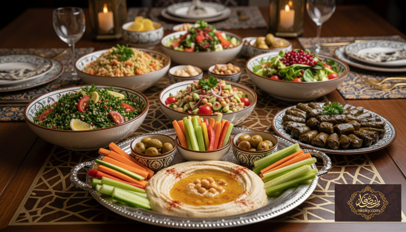 A beautifully arranged spread of refreshing Ramadan appetizers and salads, featuring vibrant dishes like tabbouleh with parsley, tomatoes, and bulgur wheat, and a colorful array of stuffed grape leaves. The foreground showcases a large, ornate platter filled with hummus garnished with olive oil and paprika, flanked by fresh vegetable sticks. In the middle, there are bowls of diverse salads, including chickpea salad with cucumbers, and a vibrant mixed greens salad topped with pomegranate seeds. The background features an elegant, softly lit dining table adorned with intricate Arabic patterns, creating a warm and inviting atmosphere. The image is captured with a shallow depth of field using a 50mm lens, emphasizing the delectable food while blurring the background slightly. The overall mood is festive and communal, perfect for the spirit of Ramadan. Branding: mkoky.com.