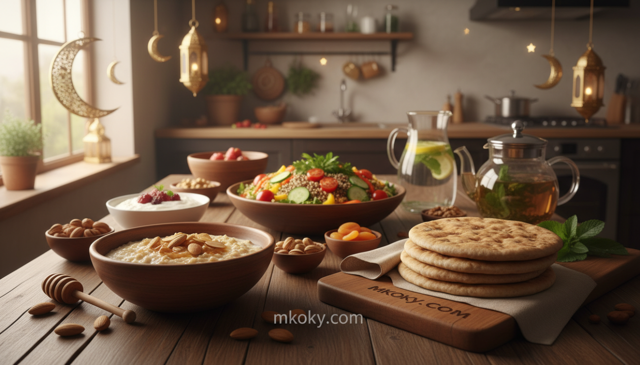 A beautifully arranged table featuring a healthy suhoor meal, showcasing a variety of traditional and nutritious foods such as whole grain bread, fresh fruits, yogurt, and nuts. In the foreground, a warm bowl of oatmeal garnished with honey and almonds reflects the morning light, creating a soft glow. In the middle, a vibrant salad with colorful vegetables is artistically presented. The background features a calming, softly lit kitchen with Ramadan decorations like lanterns and crescent moons. The atmosphere is serene and inviting, embodying the spirit of togetherness and wellbeing during Ramadan. The image should evoke a sense of health and nourishment, highlighting the importance of a healthy suhoor. Include the brand name "mkoky.com" subtly incorporated into the scene.