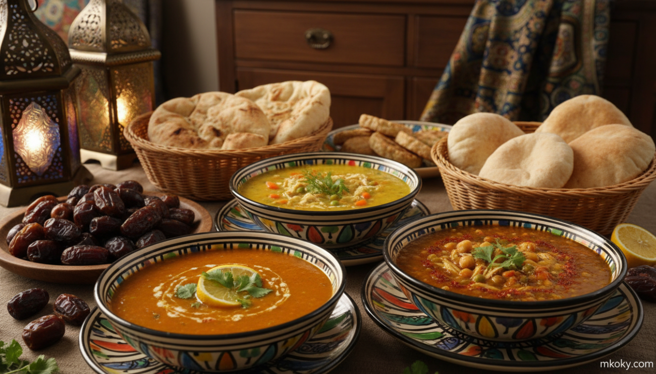 A beautifully arranged table featuring an assortment of traditional Ramadan soups, exemplifying diversity and rich flavors. In the foreground, vibrant bowls of lentil soup, chicken and vegetable soup, and spicy harira are garnished with fresh herbs and spices like cilantro and lemon slices. The middle ground includes plates of warm, freshly baked bread and date fruits, adding warmth and authenticity to the scene. Soft, warm lighting creates an inviting atmosphere, reminiscent of a cozy family gathering during Ramadan. The background showcases elegant decorative lanterns and colorful textiles, enhancing the festive spirit. Capture this in a slightly elevated angle to emphasize the variety and depth of the dishes, evoking a sense of comfort and celebration. The image should be clear and detailed, reflecting the essence of Ramadan meals. Credit: mkoky.com.