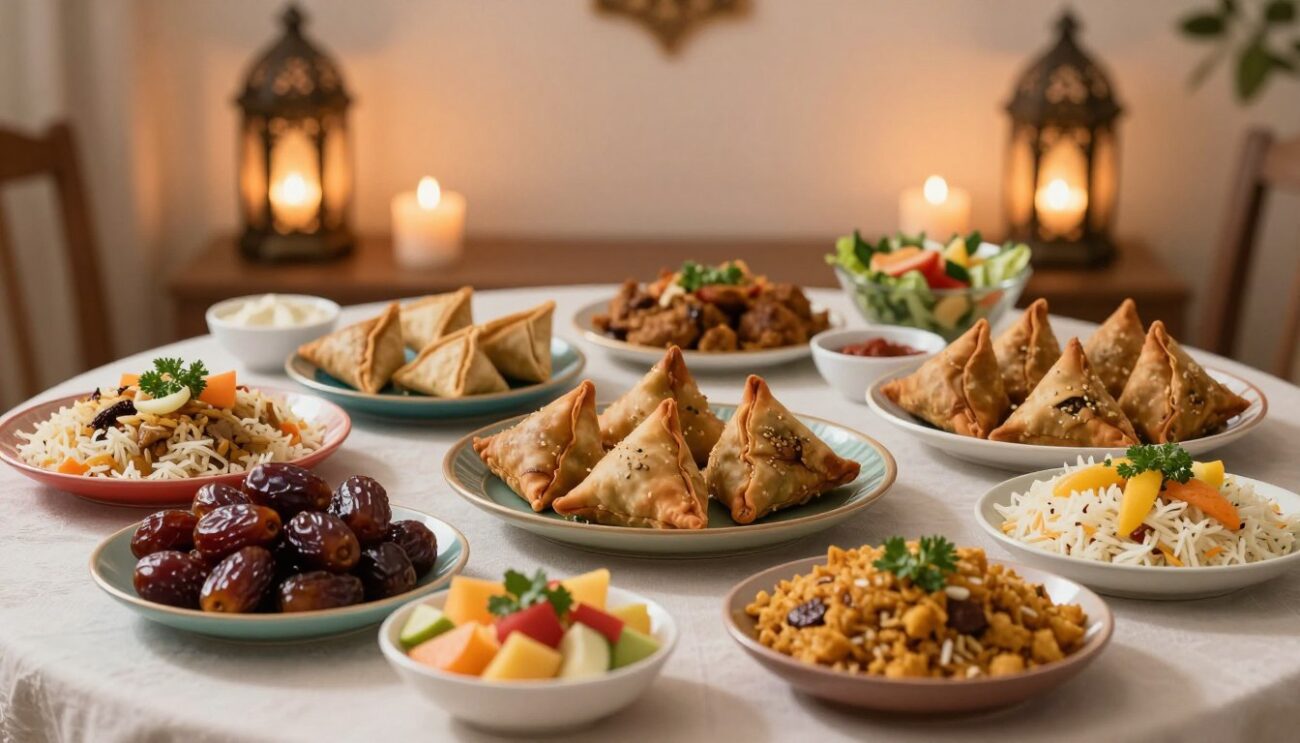 A beautifully arranged table set for "Ramadan Feast," showcasing a variety of traditional dishes. In the foreground, there are colorful plates filled with dates, fruit salads, and aromatic rice dishes adorned with herbs. The middle layer features platters of savory pastries, like sambusas and kofta, elegantly presented with fresh salads and dips. In the background, soft, warm candlelight illuminates a decorated space with traditional lanterns casting gentle shadows, creating a serene atmosphere. The image captures the essence of family gatherings during Ramadan, emphasizing health and spirituality through abundant, wholesome food. Use soft focus for a cozy feel, with a slightly elevated angle to capture the full display. Lighting should evoke warmth and celebration, inviting viewers to appreciate the significance of these meals.