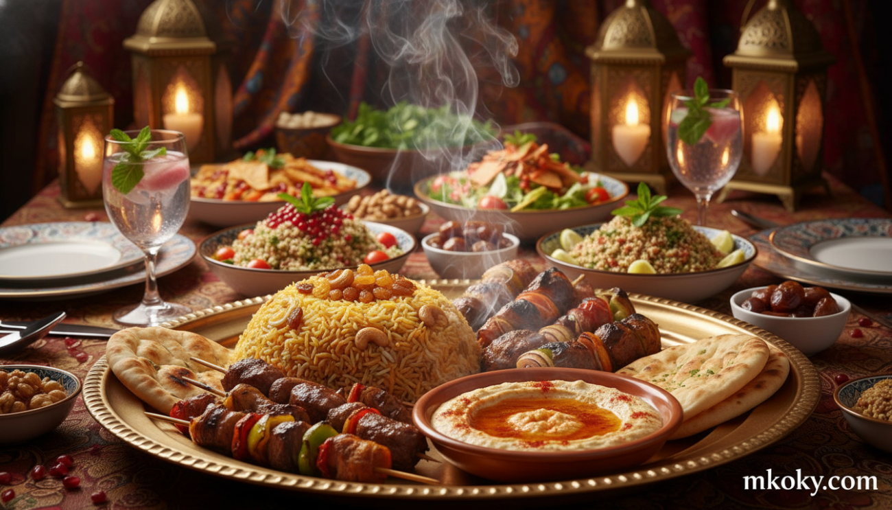 A beautifully arranged table showcasing an array of luxurious Ramadan dishes for 2026. In the foreground, a large, gleaming traditional brass platter holds an assortment of vibrant mains, such as tender lamb biryani, sizzling kebabs with herbs, and creamy hummus garnished with olive oil and paprika. In the middle, a colorful spread of fresh salads, elegantly garnished with pomegranate seeds and herbs, complements the rich entrees. The background features softly glowing lanterns and decorative fabrics, creating a warm, inviting atmosphere. The scene is lit with soft, ambient lighting, evoking a festive spirit. The lens is focused on the exquisite details of the dishes, capturing steam rising from the meals, adding a sense of warmth and hospitality. The setting reflects a traditional but sophisticated dining experience, perfect for the special nights of Ramadan. mkoky.com.
