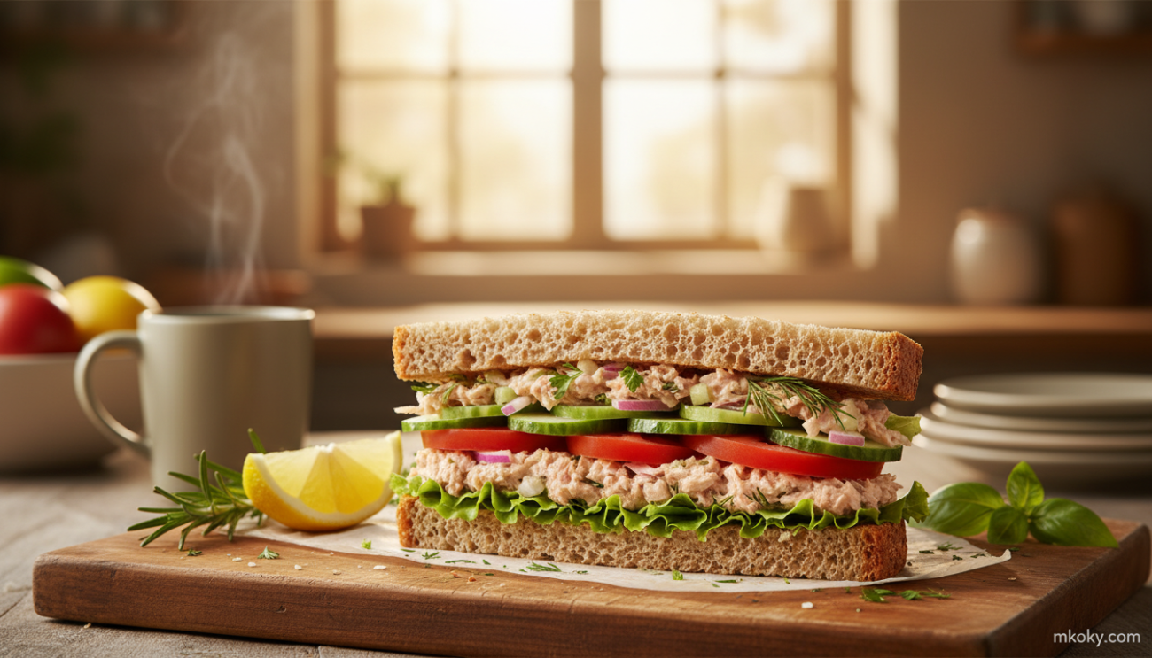 A delicious, fresh tuna sandwich featuring vibrant vegetables, beautifully arranged on a wooden cutting board. The foreground highlights the sandwich, showcasing layers of tuna, crisp lettuce, ripe tomatoes, and thinly sliced cucumbers, all nestled between hearty whole-grain bread. In the middle background, a soft-focus kitchen setting conveys an inviting atmosphere, with warm light streaming through a nearby window, creating a cozy, homely feel. Fresh herbs and a lemon wedge lie beside the sandwich, enhancing the visual appeal. Shot from a slightly elevated angle to emphasize the sandwich's layers and freshness, the overall mood is bright and appetizing. Ideal for a healthy and quick pre-dawn meal during Ramadan. Photography by mkoky.com.
