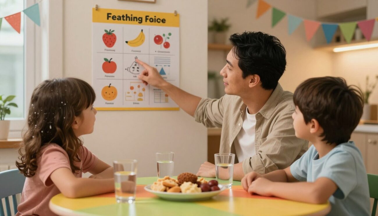 A heartwarming scene of a caring adult, dressed in modest casual clothing, sitting at a colorful dining table with two children, also in casual attire, engaged in a friendly discussion about the importance of fasting. The foreground features a plate of healthy snacks and water, symbolizing nourishment for young ones. In the middle, the adult points to a vibrant chart on the wall illustrating tips for healthy fasting practices for kids. The background shows a softly lit room filled with cheerful decorations, creating a warm atmosphere. The soft lighting casts a gentle glow, enhancing the feeling of support and education. The overall mood is encouraging and inviting, perfect for illustrating the considerations of training children in fasting.