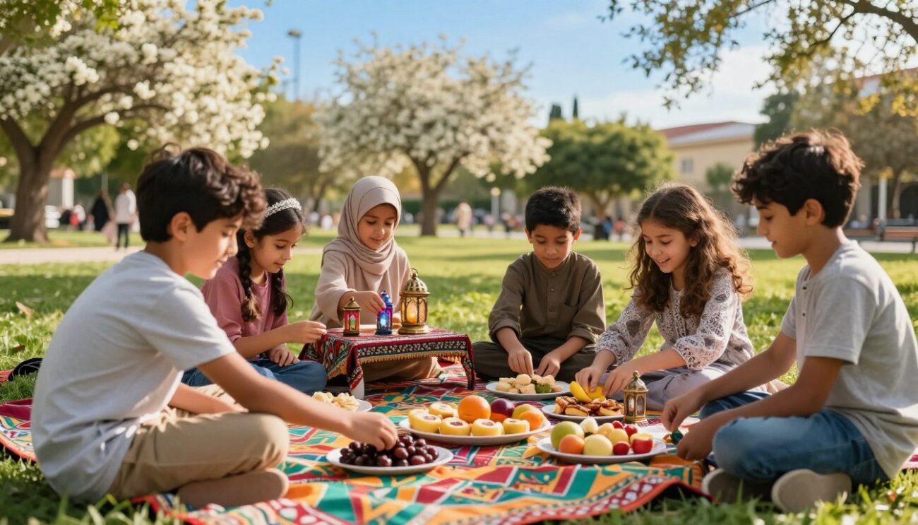 A joyful scene of children engaged in fun Ramadan activities, set in a bright, vibrant park. In the foreground, a group of diverse children, aged around 6 to 10, is joyfully preparing traditional iftar snacks, dressed in modest casual clothing. Some are placing dates and fruits on a colorful picnic blanket, while others are happily sharing stories. In the middle ground, a table with decorative Ramadan lanterns and prayer mats can be seen, inviting a festive atmosphere. In the background, blooming trees and a clear blue sky enhance the spirit of the occasion. The lighting is warm and inviting, portraying a late afternoon glow, capturing the essence of community and joy during Ramadan. The mood is cheerful and familial, emphasizing connection and shared experiences.