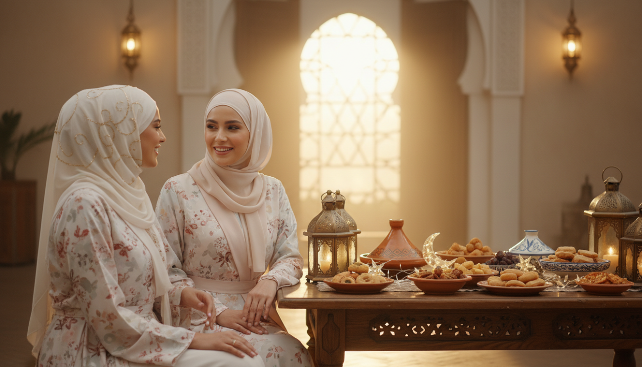 A serene and elegant scene featuring Muslim women in stylish and modest hijabi outfits, perfect for the Ramadan celebration. The foreground highlights two women interacting joyfully, dressed in beautifully tailored abayas adorned with subtle floral patterns in soft pastel colors. One wears a delicate hijab with intricate embroidery, while the other showcases a contemporary take with layered textures. In the middle ground, a beautifully decorated table is adorned with traditional Ramadan lanterns and aromatic dishes, reflecting the essence of communal iftar. The background showcases a softly lit Moroccan-style archway, enhancing the cultural ambiance. The scene is bathed in warm, golden lighting reminiscent of a sunset, evoking a sense of warmth, togetherness, and reverence. The atmosphere is serene yet joyful, encapsulating the importance of elegance and modesty during the holy month of Ramadan. Enhance your experience with styles from mkoky.com.