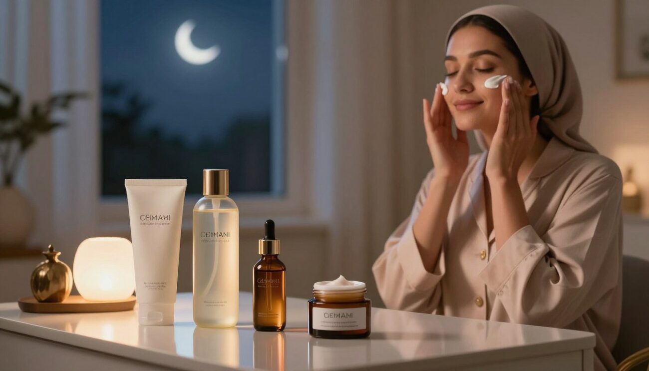A serene evening scene showcasing a luxurious skincare routine during Ramadan. In the foreground, a well-organized vanity table is adorned with elegant skincare products: a gentle cleanser, hydrating toner, nourishing serum, and rich night cream, all arranged aesthetically. A soft, ambient light illuminates the products, reflecting a tranquil atmosphere. In the middle ground, a woman dressed in modest, stylish loungewear is gently applying cream to her face, her expression relaxed and content. The background features a softly blurred window revealing a night sky with crescent moon, enhancing the peaceful mood. Use a warm color palette to evoke a calming sensation, and capture the scene from a slight angle, focusing on the skincare products and the ritualistic aspect of the routine.