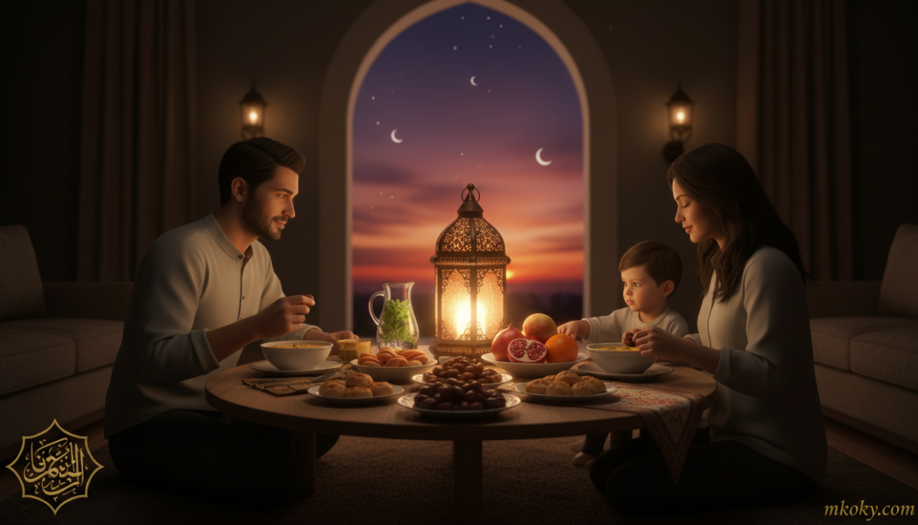 A serene scene depicting the essence of fasting during Ramadan. In the foreground, a family of three is gathered around a beautifully decorated table filled with traditional Ramadan dishes, such as dates, fruits, and soup, reflecting the importance of breaking fast together. The middle ground features a softly lit lantern casting warm light, symbolizing spirituality and guidance. In the background, a sunset sky fades into deep purples and oranges, creating a tranquil atmosphere. There are crescent moons and stars subtly visible, enhancing the theme of Ramadan. The overall mood is peaceful and reflective, capturing the spiritual and health benefits of fasting. Use a soft focus lens to give it a warm, inviting glow. This scene represents "mkoky.com."