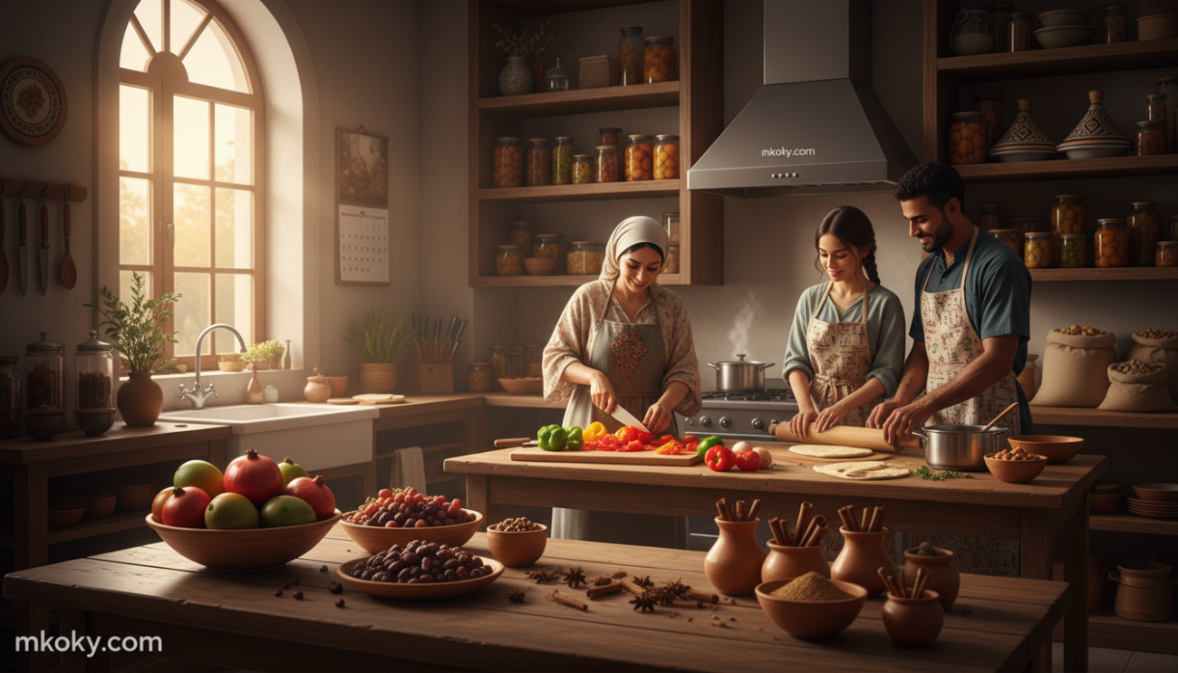 A vibrant and bustling Ramadan kitchen scene set in 2026, showcasing preparations for traditional Iftar. In the foreground, a wooden table is laden with colorful fruits, dates, and a variety of spices. In the middle, a chef dressed in modest casual attire expertly chops fresh vegetables and prepares fragrant dishes, while a couple of family members enthusiastically assist, wearing aprons. In the background, shelves are stocked with jars of preserved foods and culinary ingredients reflecting Ramadan traditions, illuminated by warm, soft lighting that creates a cozy and inviting atmosphere. The scene captures the essence of togetherness and cultural celebration, with golden hour sunlight filtering gently through a window. The branding "mkoky.com" subtly integrated into the kitchen environment.
