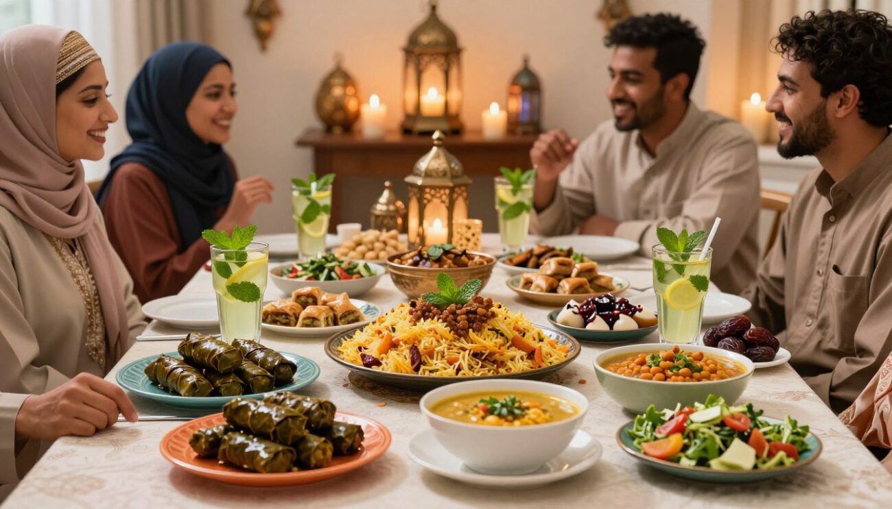 A vibrant and inviting arrangement of traditional and innovative Ramadan dishes showcases a rich feast. In the foreground, a beautifully decorated table displays a variety of colorful plates, including stuffed grape leaves, fragrant biryani, lentil soup, and fresh salads. Several glasses of refreshing mint lemonade are elegantly placed alongside dates and pastries like baklava, giving a festive touch. In the middle ground, well-dressed individuals of diverse backgrounds gather around, sharing laughter and conversation, embodying the spirit of community. The background features soft, warm candlelight and traditional lanterns, casting a cozy glow that enhances the atmosphere. The scene captures the essence of Ramadan, highlighting joy and togetherness in a beautifully lit setting.