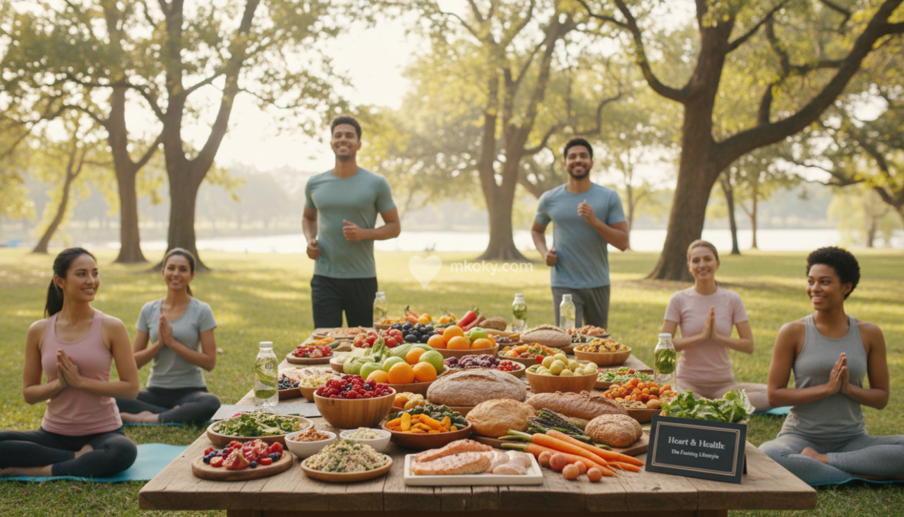 A vibrant, heart-healthy scene showcasing the benefits of fasting for cardiovascular health. In the foreground, a diverse group of men and women in modest casual clothing engaged in physical activities like jogging and yoga, exuding vitality and joy. In the middle, a beautifully arranged table brimming with colorful, nutritious foods such as fruits, vegetables, and whole grains, signifying the connection between healthy eating and heart wellness. The background features a serene park with sunlight filtering through trees, creating a warm, welcoming atmosphere. Soft, diffused natural light enhances the scene, highlighting the healthy foods and active individuals. A shallow depth of field keeps the focus on the people and food, evoking a sense of community and well-being. Ideal for an article on fasting benefits. mkoky.com