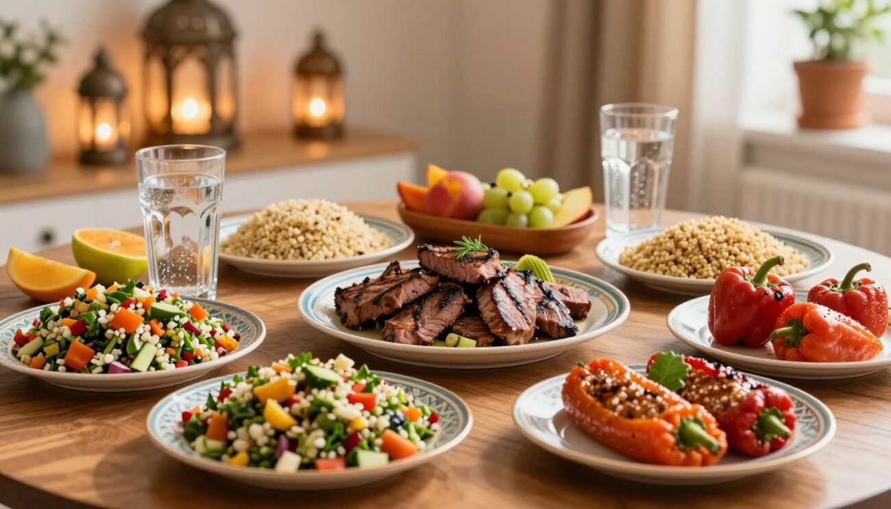 A vibrant spread of healthy Ramadan meals beautifully arranged on a wooden table, featuring colorful salads, grilled lean meats, and whole grains. In the foreground, a colorful tabbouleh salad and stuffed peppers are elegantly presented on decorative plates. The middle ground showcases a traditional iftar setting, complete with sparkling water and fresh fruits, symbolizing balance and nourishment. The background includes softly glowing lanterns and a warm, inviting atmosphere with natural light filtering through, casting gentle shadows. Use a shallow depth of field to emphasize the food while creating a cozy ambiance. The mood is joyful and celebratory, reflecting the spirit of Ramadan while promoting healthy eating habits. The scene should exclude any text or logos.