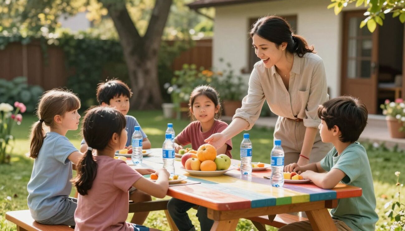 A warm, inviting scene depicting a group of young children, aged 6 to 10, engaged in a fasting training session. In the foreground, a friendly adult, wearing modest casual clothing, is guiding the children with enthusiasm. The children are sitting at a colorful picnic table, with plates of fruits and water bottles in front of them, symbolizing the breaking of their fast. In the middle ground, a serene garden setting with trees and flowers creates a peaceful atmosphere, while a gentle sunlight filters through the leaves, casting soft shadows. The background features a cozy home, hinting at a nurturing environment. The overall mood is cheerful and supportive, reflecting the gradual approach to teaching children about fasting.