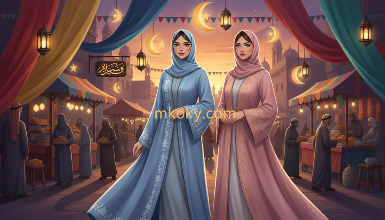 Create a stylish illustration of modern and modest "رمضانية" abayas, showcasing a variety of designs that reflect contemporary fashion while maintaining decorum. In the foreground, display two elegantly dressed women wearing beautifully designed abayas in soft pastel colors, adorned with subtle embroidery and intricate patterns. The middle layer should feature a vibrant market scene during Ramadan, with decorative lanterns and colorful fabrics hanging. In the background, depict a warm sunset with a soft golden light illuminating the scene, creating a serene and festive atmosphere. Emphasize a sense of community and celebration, capturing the spirit of Ramadan. The image should be bright and inviting, reflecting both elegance and cultural significance. Include the brand name "mkoky.com" subtly integrated into the scene without text overlays or watermarks.