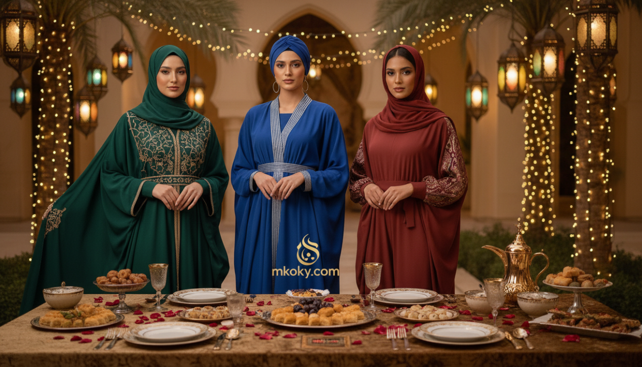 Create an elegant and vibrant scene showcasing distinctive colors for hijabi outfits suitable for Ramadan. In the foreground, feature a diverse group of three women dressed in stylish, modest hijabs, showcasing an array of rich colors like deep emerald green, royal blue, and warm burgundy. Each outfit should reflect a blend of contemporary fashion and traditional elements, adorned with intricate patterns and modest cuts. In the middle, highlight a beautifully decorated iftar table set with elegant dinnerware and traditional Ramadan sweets, creating a warm gathering atmosphere. In the background, softly lit lanterns and twinkling fairy lights enhance the serene ambiance of a Ramadan evening. The overall mood should be inviting and festive, capturing the spirit of celebration. Use a soft focus effect with warm lighting to evoke a sense of togetherness and joy. Brand details: mkoky.com.