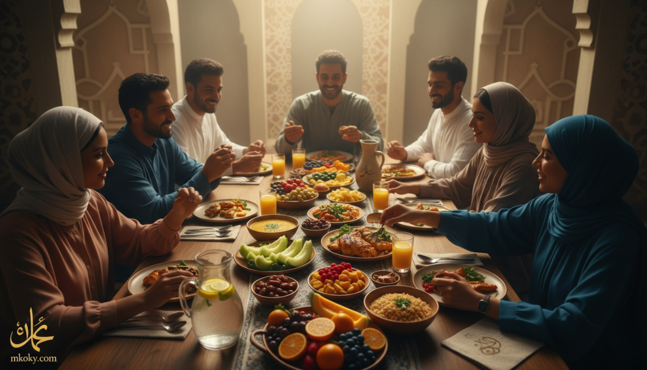 Create an image that illustrates the health benefits of fasting during Ramadan, capturing a serene and uplifting atmosphere. In the foreground, display a diverse group of individuals in modest casual clothing, smiling and engaging in a communal iftar setting, with healthy foods such as dates, fruits, and water laid out on a richly decorated table. In the middle ground, depict elements symbolizing physical wellness, like fresh fruits and traditional dishes. The background should feature soft, warm ambient lighting that creates a sense of tranquility, with subtle Islamic architecture or calligraphy that suggests spirituality and reflection. Use a slight overhead angle to convey inclusivity and connection. Ensure the atmosphere is peaceful and nurturing, resonating with themes of health and spirituality. Include the branding "mkoky.com" artistically integrated into the image.