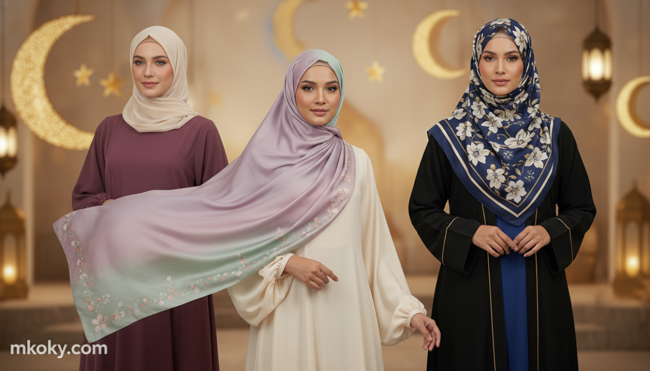 Elegant Muslim women showcasing distinctive hijab styles suitable for Ramadan, each woman dressed in modest yet fashionable outfits. In the foreground, one woman wearing a beautifully draped silk hijab in pastel hues, adorned with subtle embroidery. Beside her, another woman sports a contemporary layered hijab with floral patterns, combined with a chic abaya. In the middle ground, a third woman wears a classy hijab pinned back with elegant accessories, smiling gently. The background features a soft, softly lit setting reminiscent of a Ramadan evening ambiance, with warm golden tones and hints of crescent moons and lanterns. The overall mood is festive yet serene, emphasizing beauty and modesty. The image is styled for mkoky.com, crafted with subtle detail and atmospheric lighting to enhance the elegance and grace of the outfits.